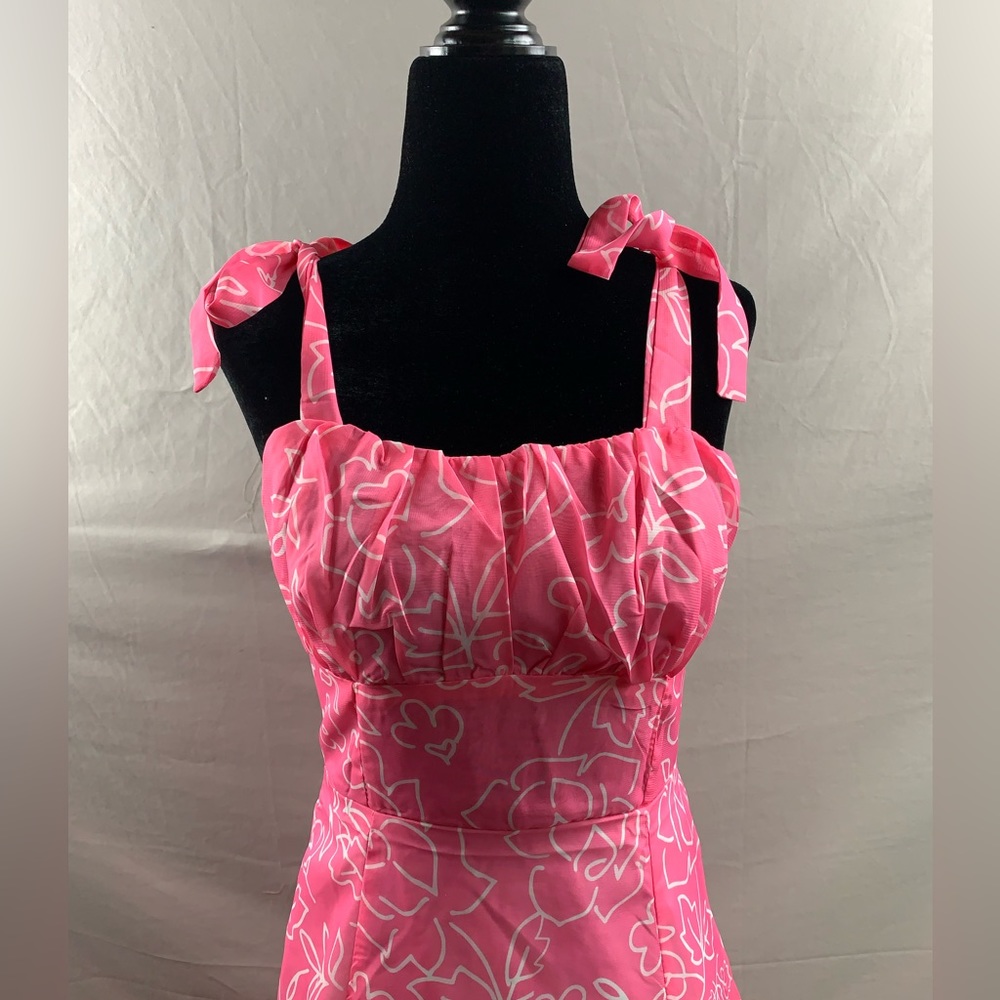 Last One 🔥 Pink Chiffon Floral Print Tie Shoulder Ruched Bust Cami Dress - Picture 8 of 8